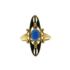 Butterfly Themed - Estate Victorian Art Nouveau Revival 24K Gold Over Sterling Silver Blue Opal & Enamel Ring (ER364)