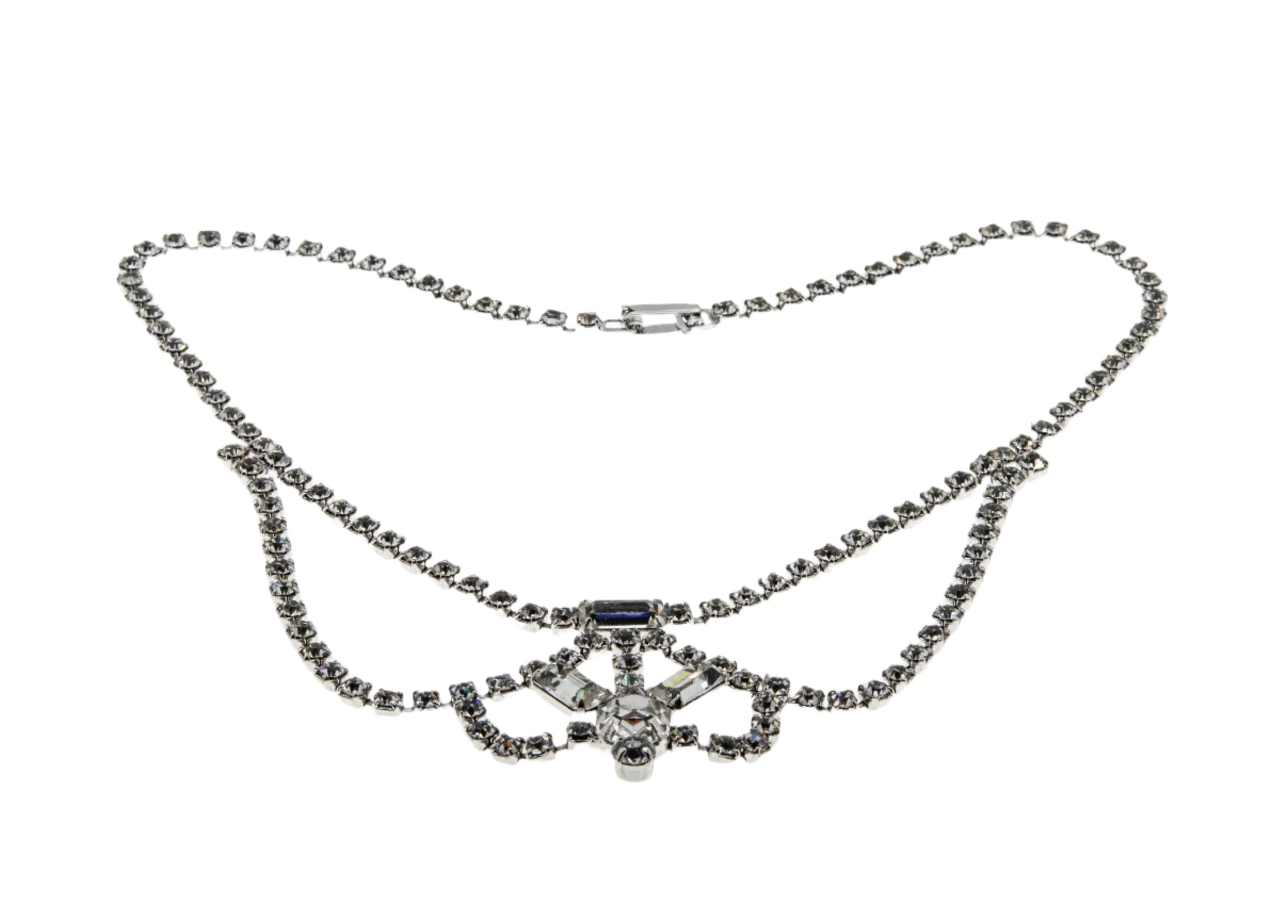 Graceful - Vintage Signed 'JAY FLEX' Rhodium, Sterling Silver Austrian Swarovski Crystal Crystal Rhinestone Swag Necklace (VN201)