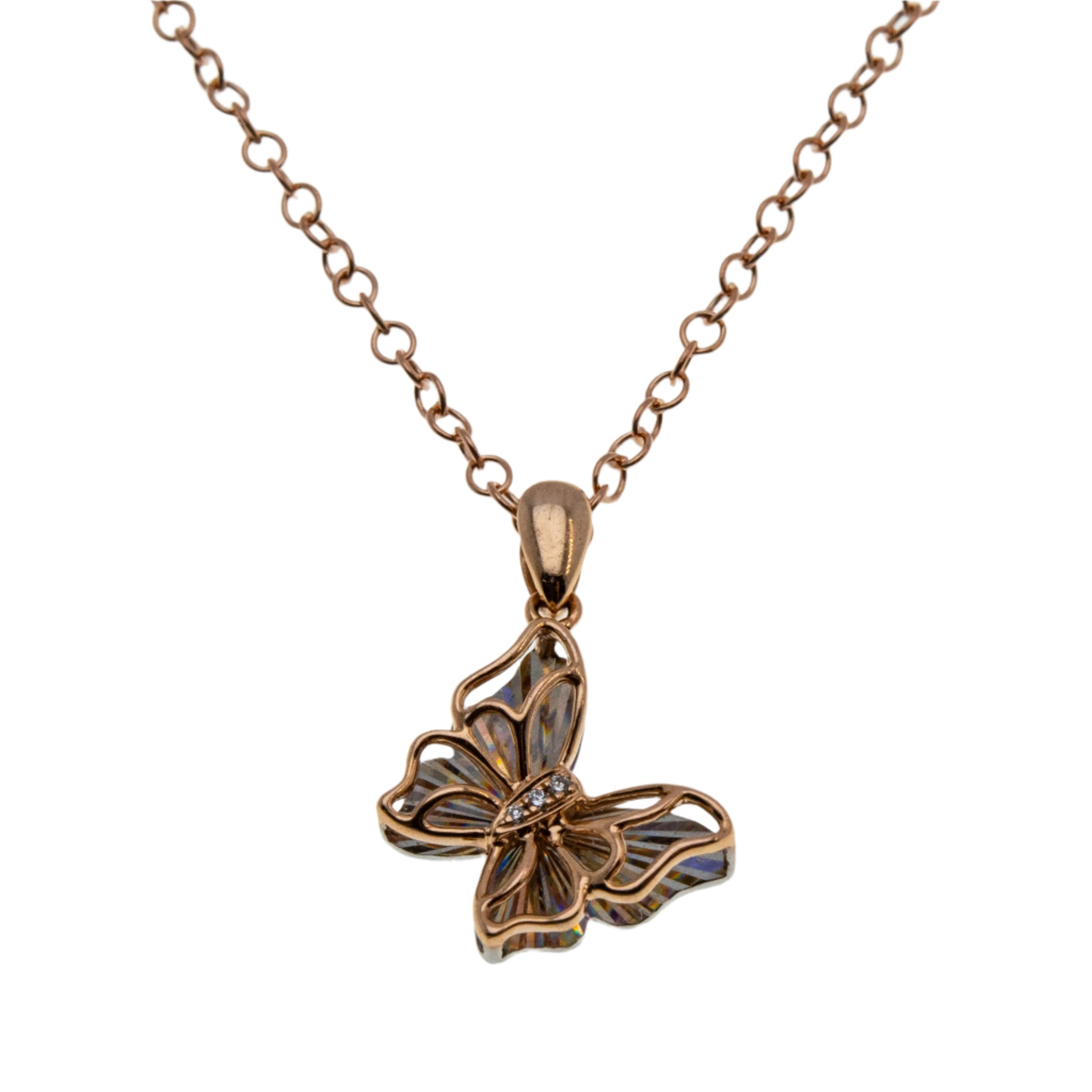 Freedom - Estate 14K Rose & White Gold Diamond, Diamond-Cut Butterfly Pendant & 14K Rose Gold Fill Chain (EP077)