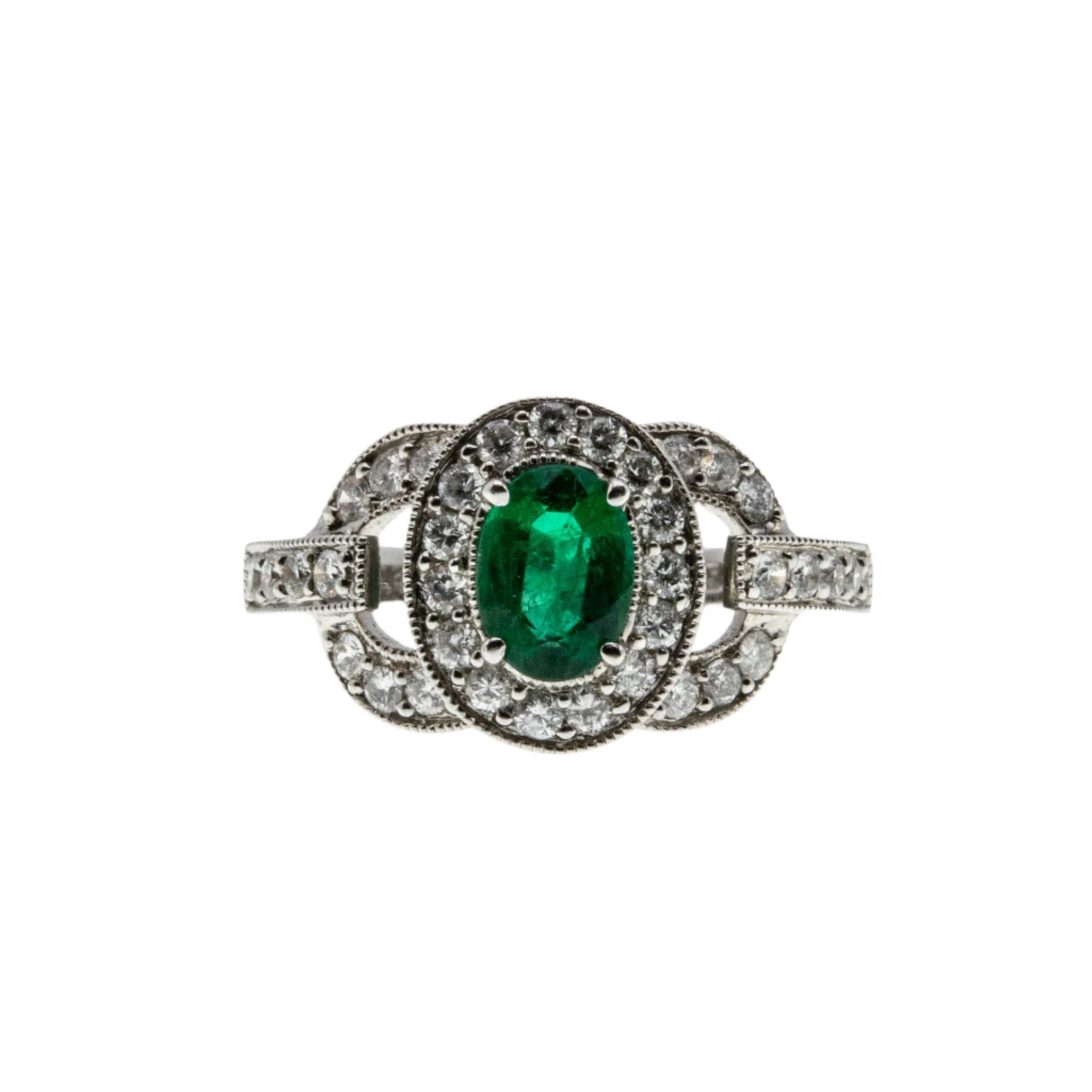 Emerald City - Estate 14K White Gold Natural Emerald & Diamond Ring (ER370)