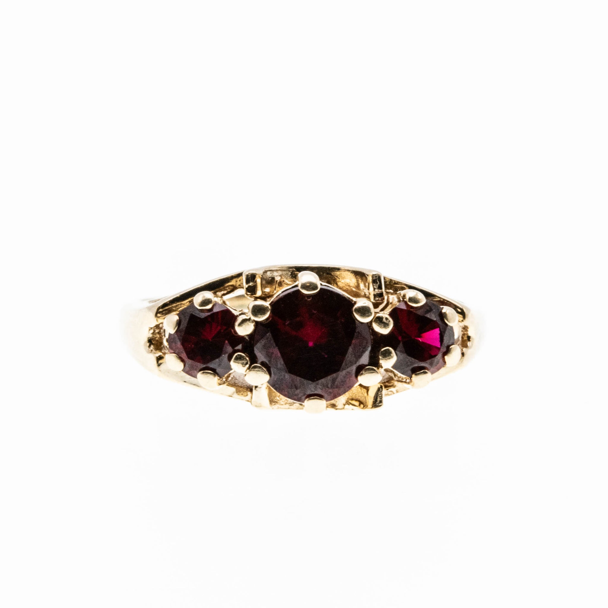 Red, Red, Wine - Vintage 10K Gold Synthetic Ruby Trio Ring (VR988)