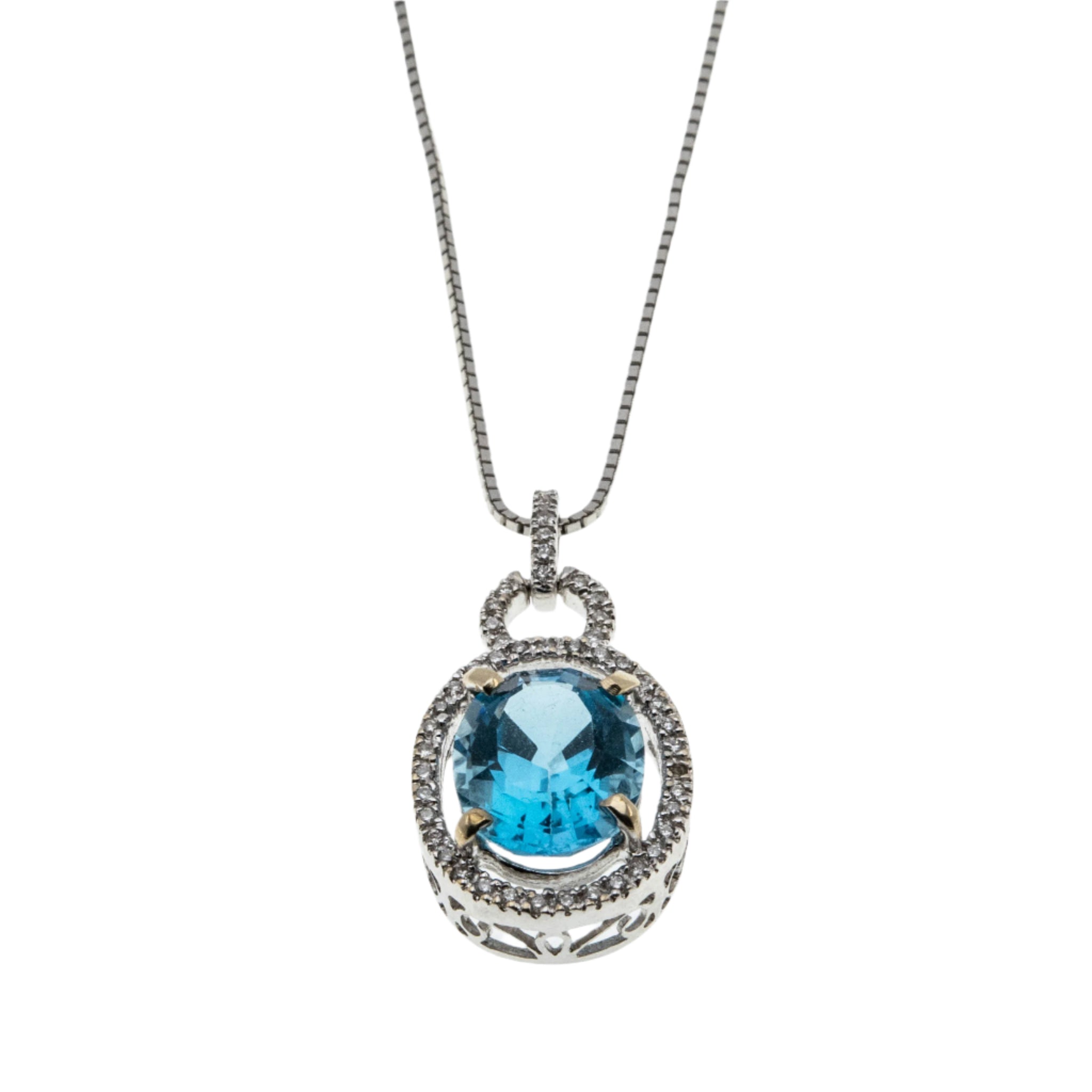 Ocean View - Vintage 18K White Gold Natural Blue Topaz & Diamond Pendant & 14K White Gold Chain (VP239)