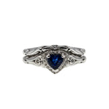 Blue Velvet - Vintage Edwardian Revival 14K White Gold Natural Blue Sapphire & Diamond 'Heart & Scrolls' Wedding Ring Set (VR1001)
