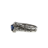 Blue Velvet - Vintage Edwardian Revival 14K White Gold Natural Blue Sapphire & Diamond 'Heart & Scrolls' Wedding Ring Set (VR1001)