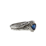Blue Velvet - Vintage Edwardian Revival 14K White Gold Natural Blue Sapphire & Diamond 'Heart & Scrolls' Wedding Ring Set (VR1001)