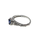 Blue Velvet - Vintage Edwardian Revival 14K White Gold Natural Blue Sapphire & Diamond 'Heart & Scrolls' Wedding Ring Set (VR1001)