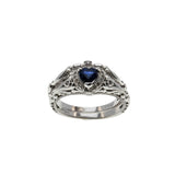 Blue Velvet - Vintage Edwardian Revival 14K White Gold Natural Blue Sapphire & Diamond 'Heart & Scrolls' Wedding Ring Set (VR1001)