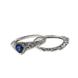 Blue Velvet - Vintage Edwardian Revival 14K White Gold Natural Blue Sapphire & Diamond 'Heart & Scrolls' Wedding Ring Set (VR1001)