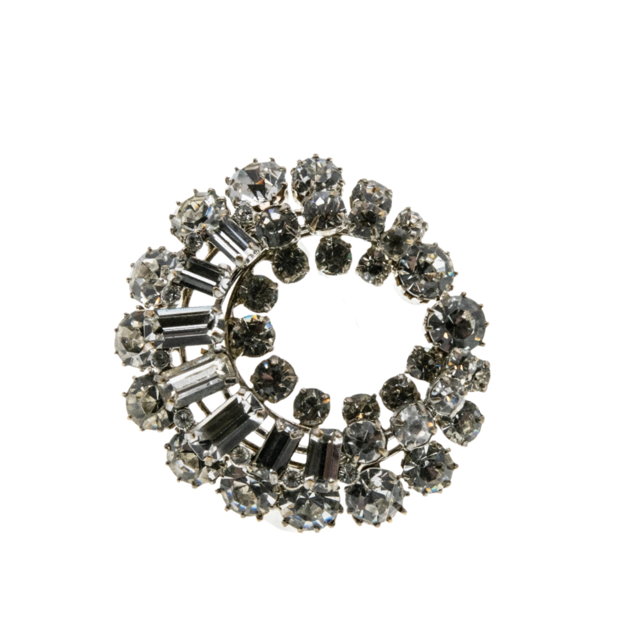 Sparkling Crescent Moon - Vintage Silver Tone Metal Crystal Rhinestone Brooch (VBR276)