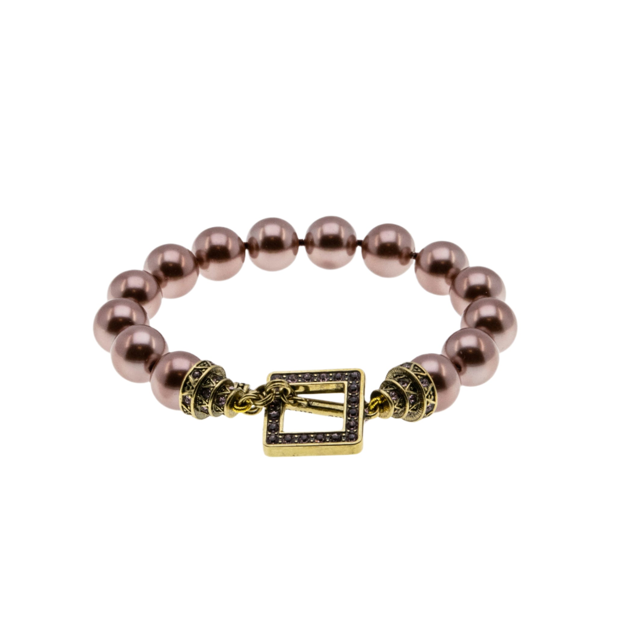Tantalizing - Vintage Signed 'Heidi Daus' Bronzed Metal Pearl & Austrian Swarovski Crystal Rhinestone Toggle Bracelet (VB119)