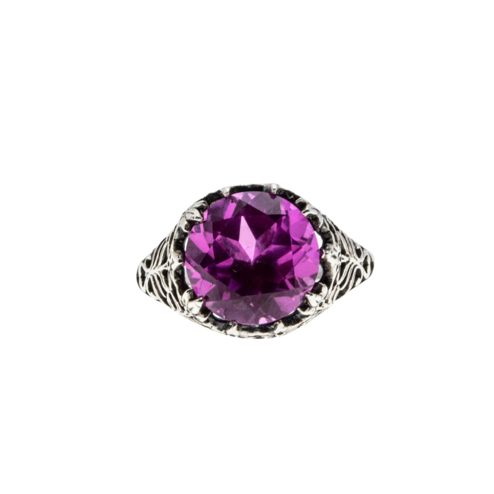 Pretty In Pink - Estate Edwardian Revival Sterling Silver Lab Created Pink Sapphire Filigree Ring (ER379)