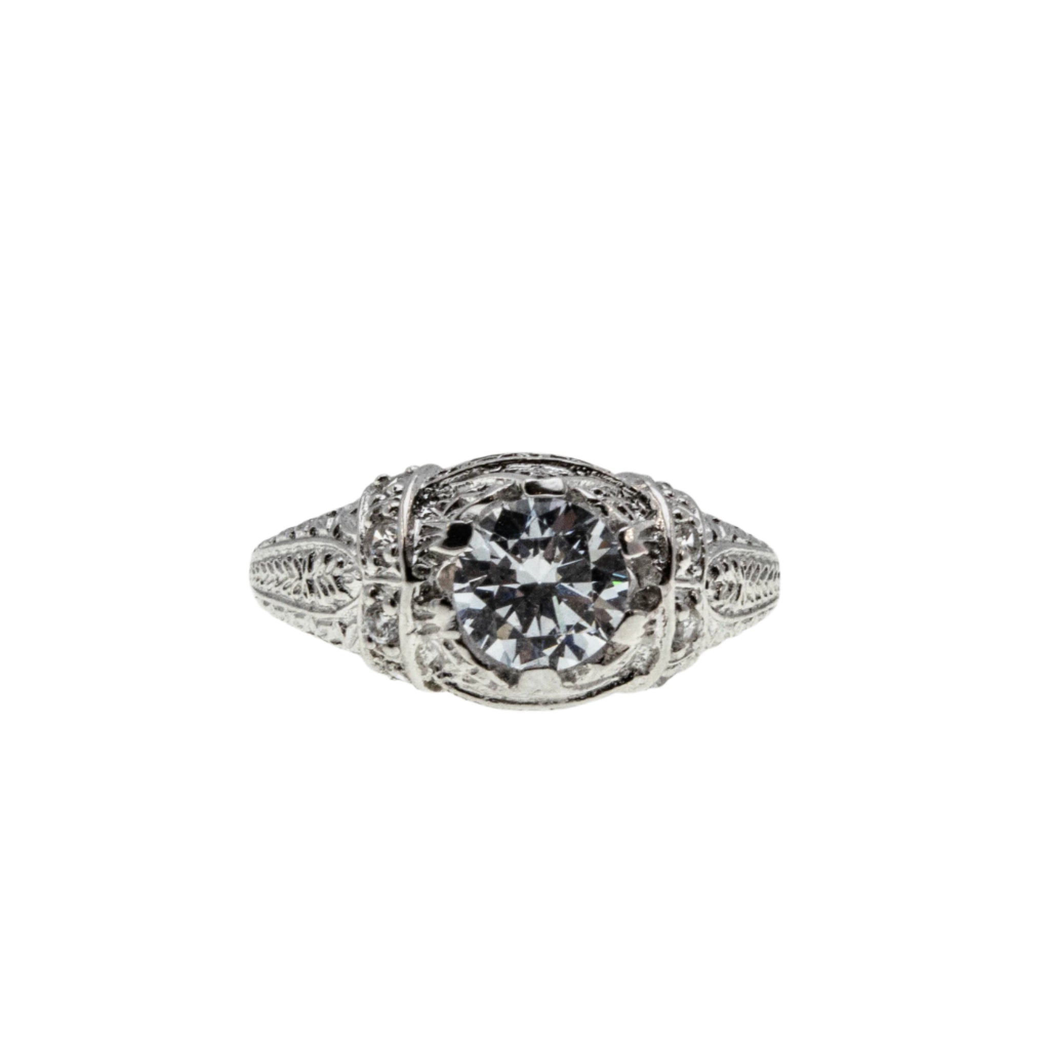 Edwardian Inspiration - Estate Rhodium Plate Over Sterling Silver Cubic Zirconia Engraved Ring (ER380)