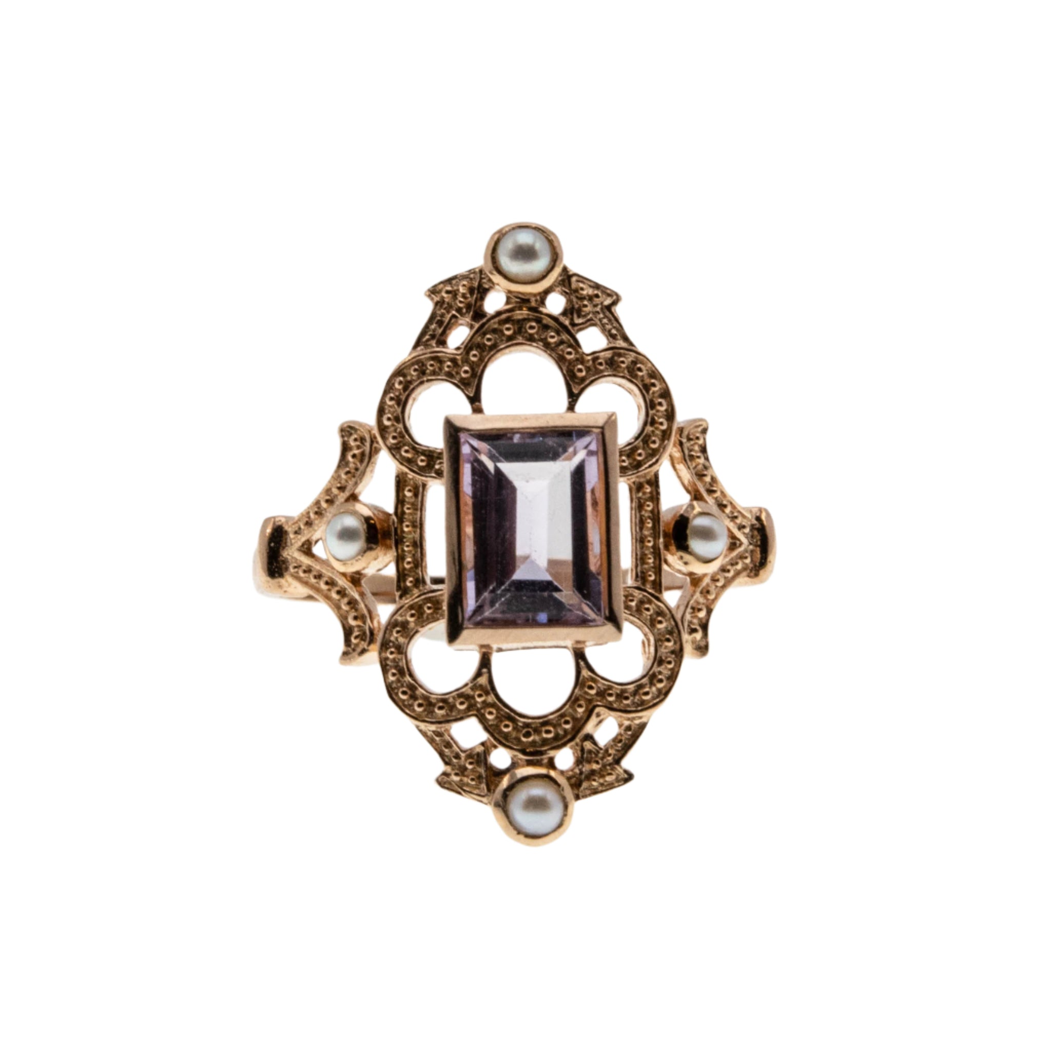 Lavender & Roses - Estate Rose Gold Plate Over Sterling Silver Natural Amethyst & Seed Pearl  Intricate Ring (ER385)