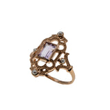 Lavender & Roses - Estate Rose Gold Plate Over Sterling Silver Natural Amethyst & Seed Pearl  Intricate Ring (ER385)