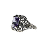 Colour Change Treasure - Estate Sterling Silver Lab Created Alexandrite Filigree Ring (ER388)