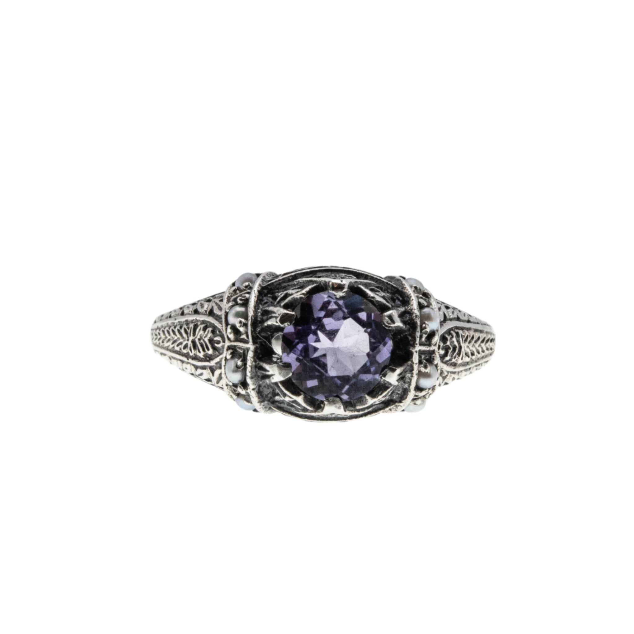 Ocean Tide - Estate Sterling Silver Lab Created Alexandrite & Seed Pearl Ring (ER390)