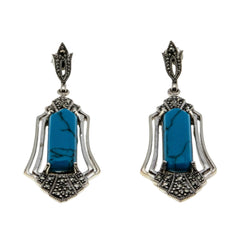 Art Deco Revival - Vintage Sterling Silver Turquoise & Marcasite Dangly Earrings (VE478)