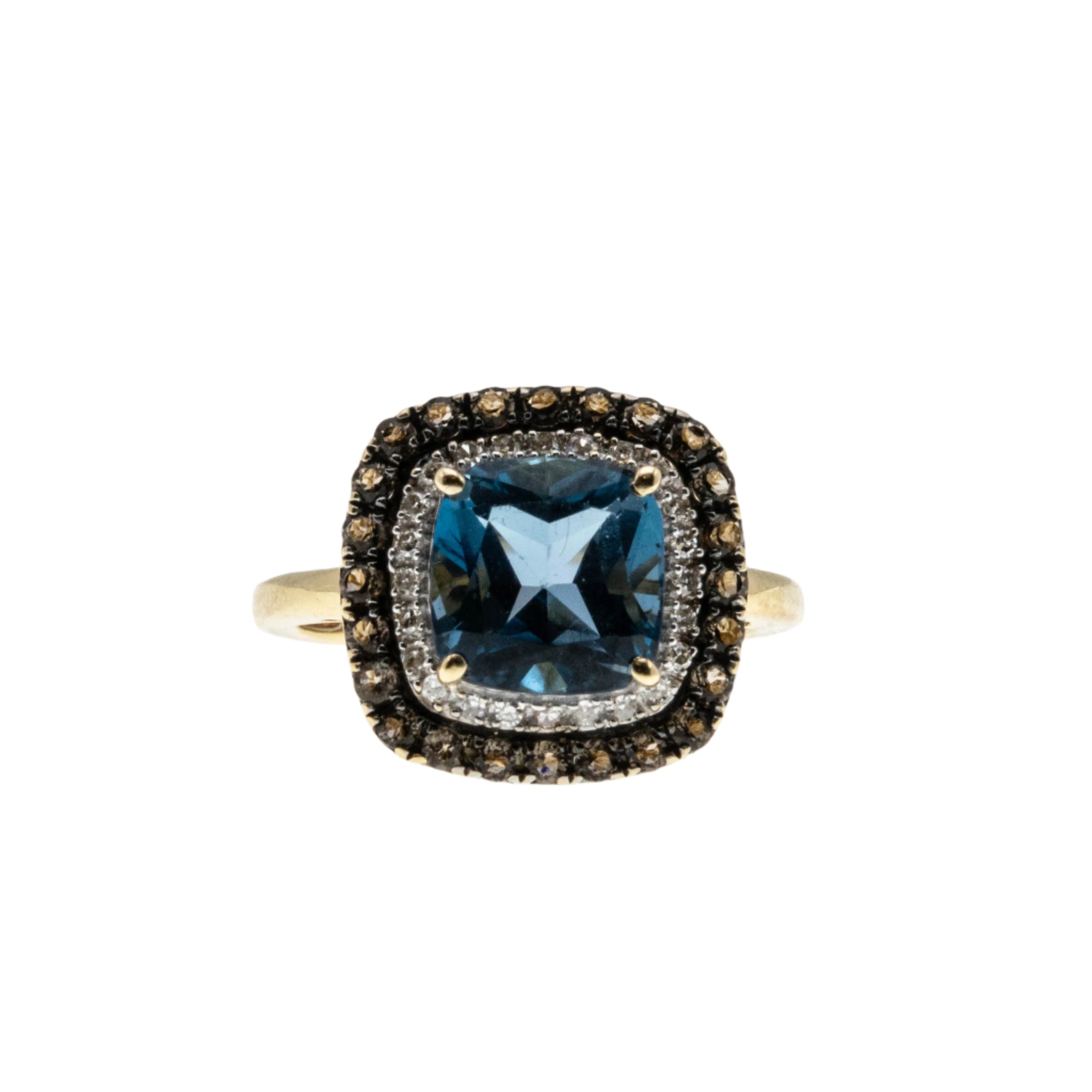Sea & Earth - Vintage 10K Gold Natural London Blue Topaz, Diamond & Smoky Quartz Cluster Ring (VR1025)