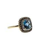 Sea & Earth - Vintage 10K Gold Natural London Blue Topaz, Diamond & Smoky Quartz Cluster Ring (VR1025)