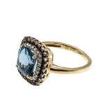 Sea & Earth - Vintage 10K Gold Natural London Blue Topaz, Diamond & Smoky Quartz Cluster Ring (VR1025)