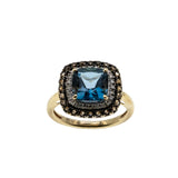 Sea & Earth - Vintage 10K Gold Natural London Blue Topaz, Diamond & Smoky Quartz Cluster Ring (VR1025)
