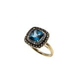 Sea & Earth - Vintage 10K Gold Natural London Blue Topaz, Diamond & Smoky Quartz Cluster Ring (VR1025)