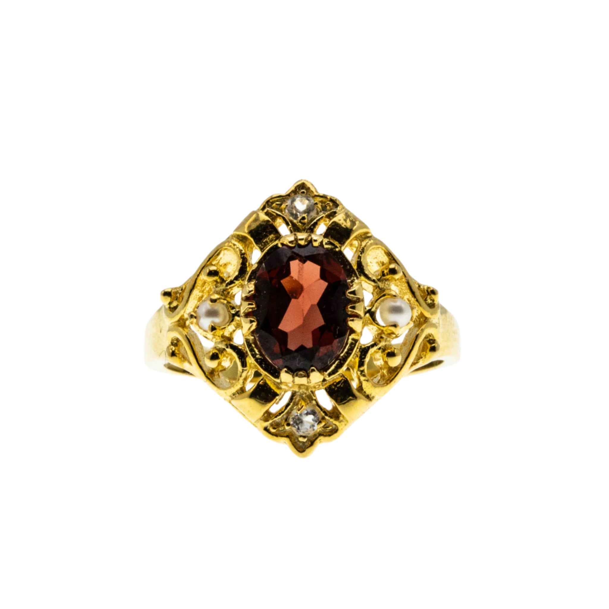 Garnet Royale - Estate 24K Gold Plate Over Sterling Silver Natural Garnet, White Topaz & Pearl Ornate Ring (ER398)