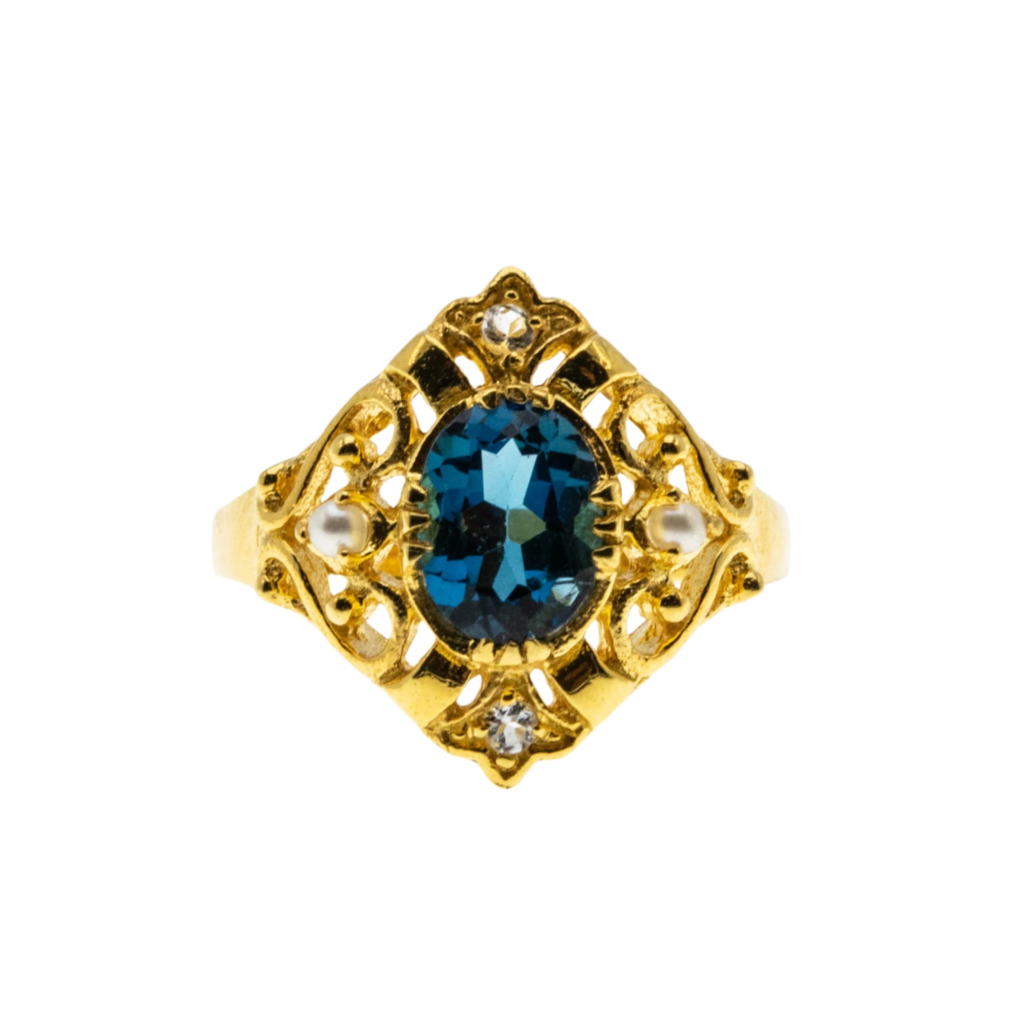 Topaz Royale - Estate 24K Gold plate Over Sterling Silver Natural London Blue Topaz, White Topaz & Pearl Ornate Ring (ER399)
