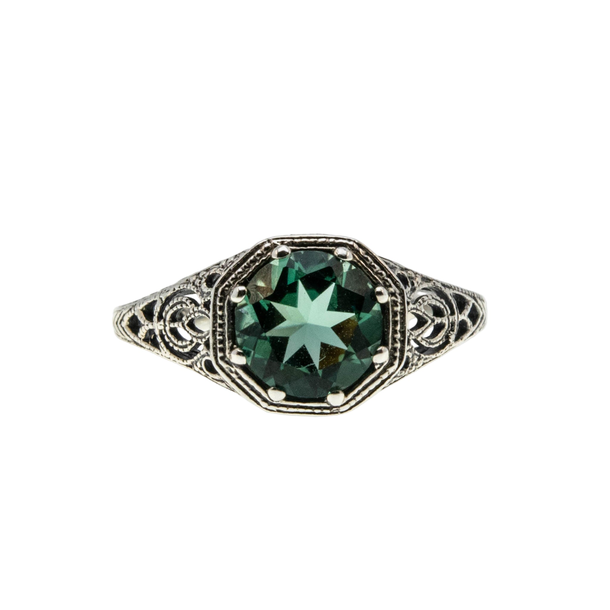 Edwardian Revival - Estate Sterling Silver Lab Created Emerald Filigree Ring (ER407)