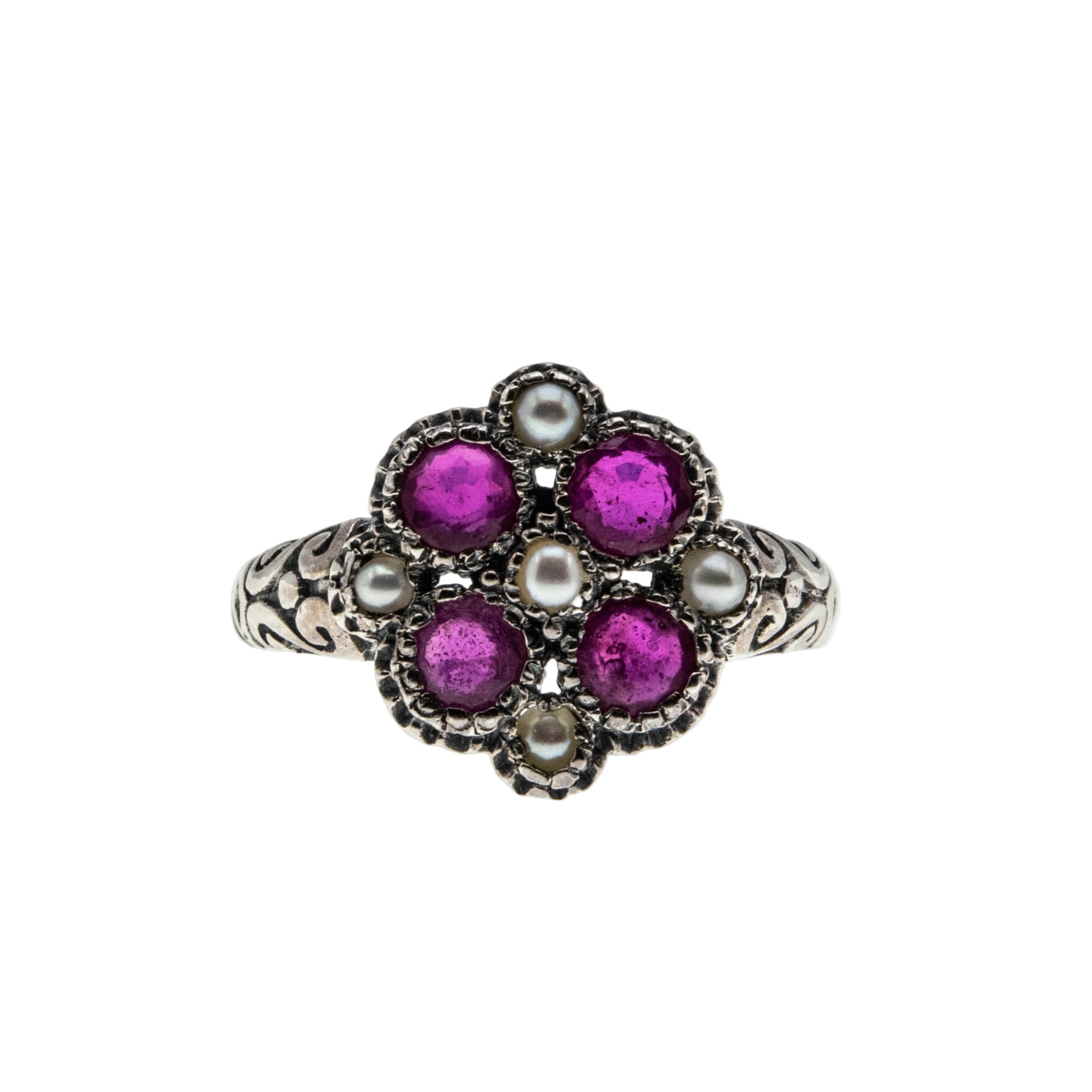 English Rose - Estate Sterling Silver Natural Ruby & Seed Pearl Engraved Flower Ring (ER410)