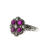 English Rose - Estate Sterling Silver Natural Ruby & Seed Pearl Engraved Flower Ring (ER410)