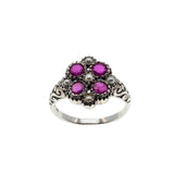English Rose - Estate Sterling Silver Natural Ruby & Seed Pearl Engraved Flower Ring (ER410)