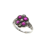English Rose - Estate Sterling Silver Natural Ruby & Seed Pearl Engraved Flower Ring (ER410)