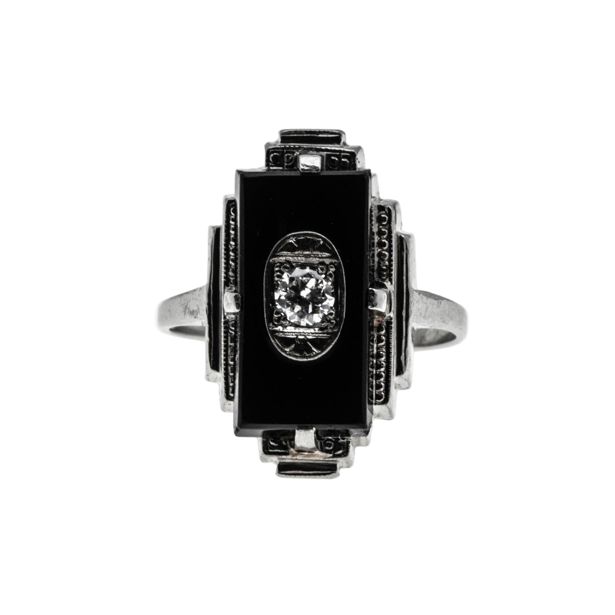 Flapper Finery - Art Deco 10K White Gold Natural Black Onyx & Diamond Engraved Ring (ADR288)