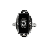 Flapper Finery - Art Deco 10K White Gold Natural Black Onyx & Diamond Engraved Ring (ADR288)