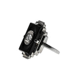 Flapper Finery - Art Deco 10K White Gold Natural Black Onyx & Diamond Engraved Ring (ADR288)