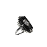 Flapper Finery - Art Deco 10K White Gold Natural Black Onyx & Diamond Engraved Ring (ADR288)