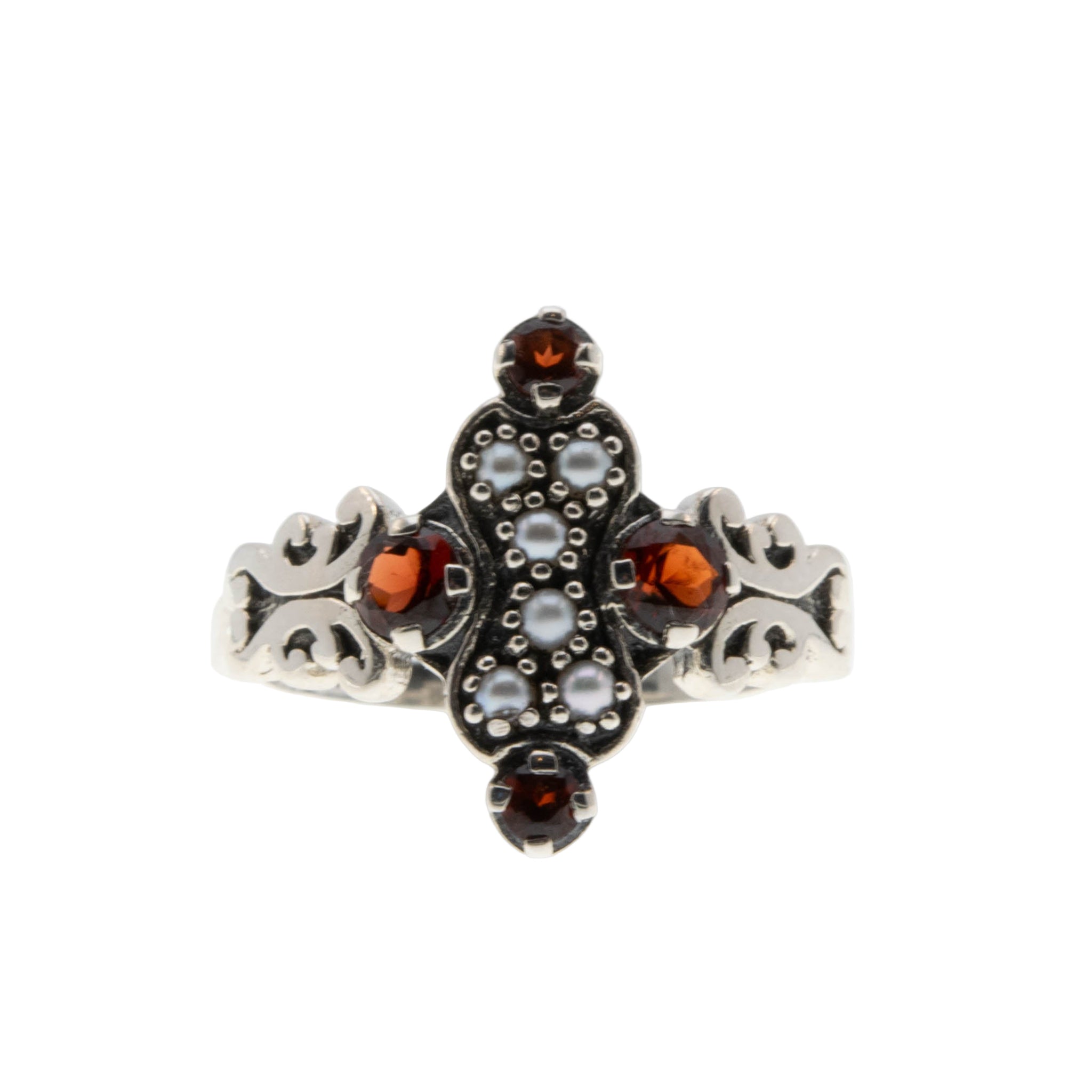 Sunset Over The Sea - Estate Sterling Silver Natural Garnet & Seed Pearl Ring (ER412)