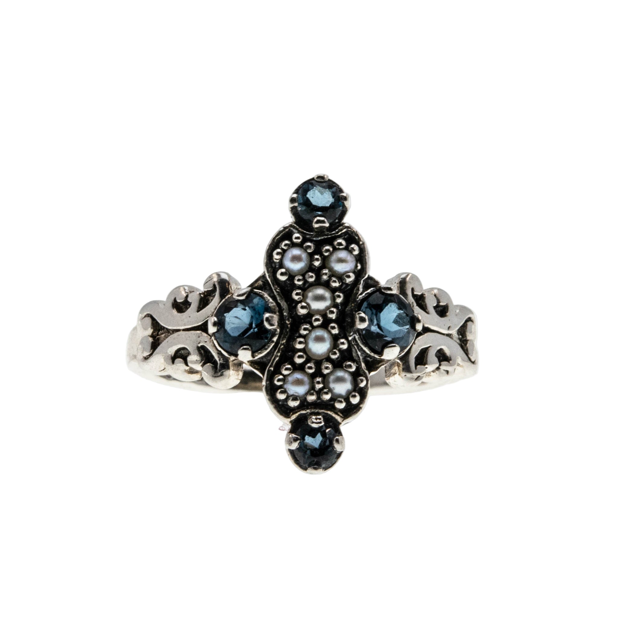 Blue Skies Over The Sea - Estate Sterling Silver Natural London Blue Topaz & Seed Pearl Ring (ER413)
