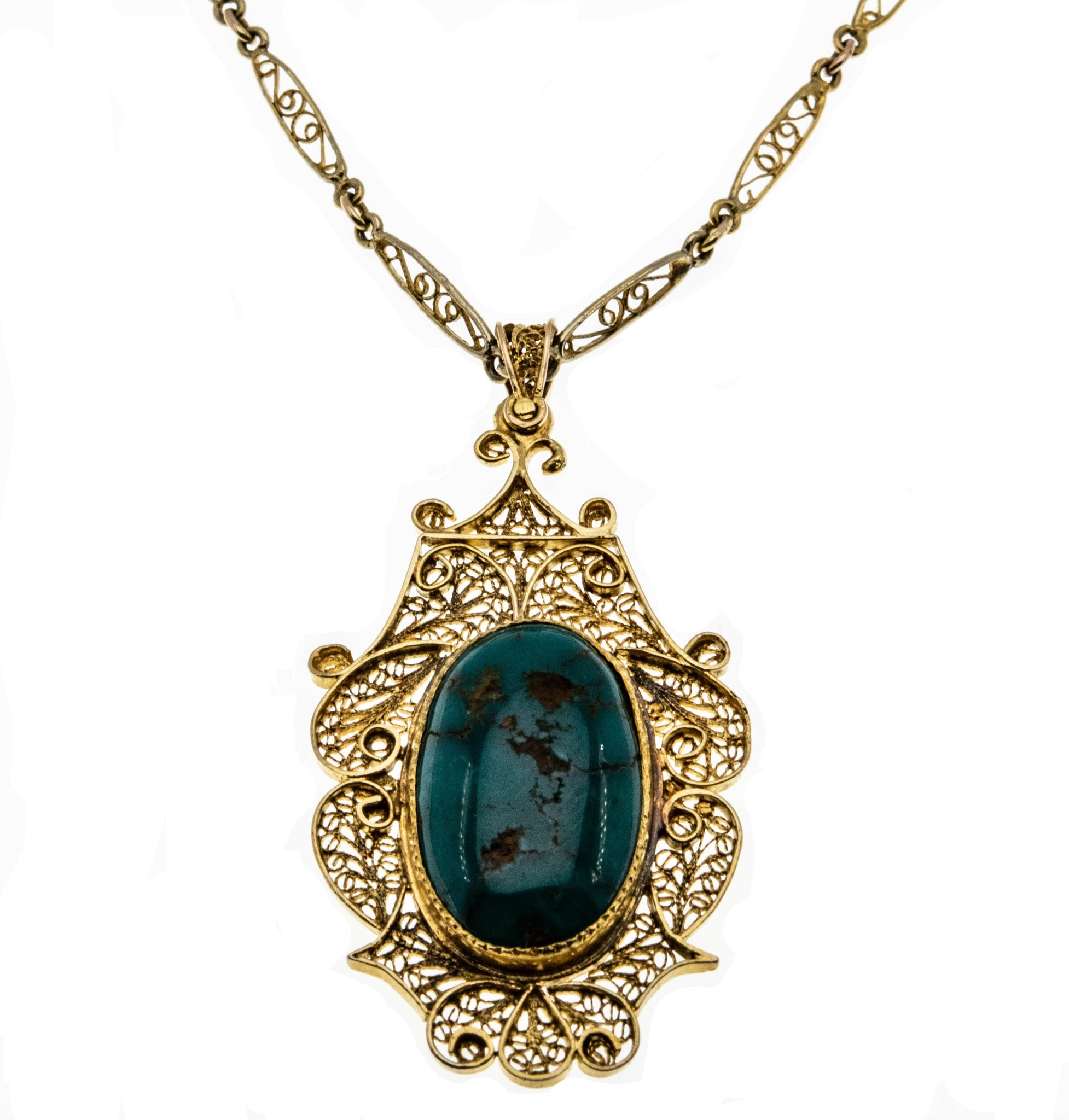 Map Of The World - Victorian 14K Gold Natural Persian Turquoise Filigree Pendant & Chain (VICP105)