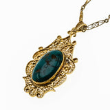 Map Of The World - Victorian 14K Gold Natural Persian Turquoise Filigree Pendant & Chain (VICP105)