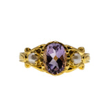 Earth & Sea - Estate 24K Gold Plate Sterling Silver Natural Amethyst & Pearl Ring (ER418)