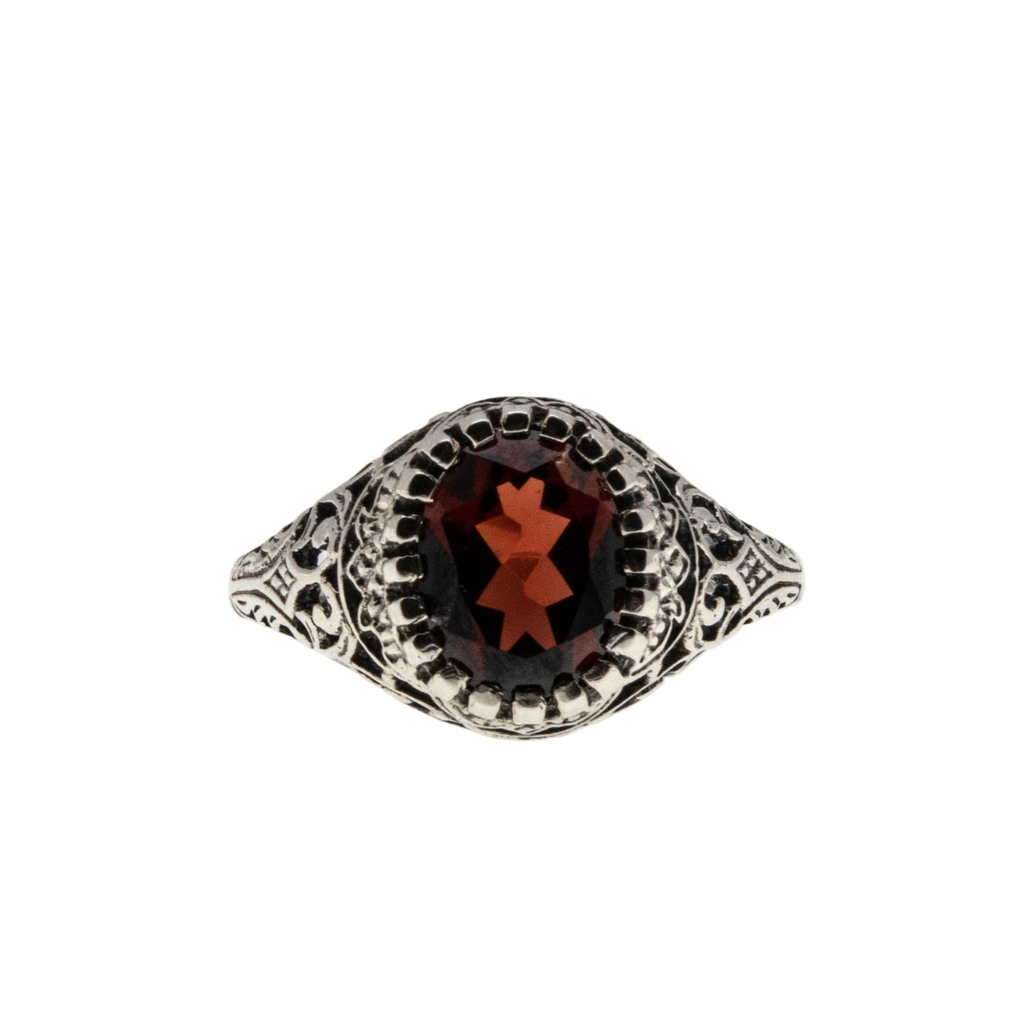 Garnet Coronet - Estate Sterling Silver Natural Garnet Filigree Ring (ER420)