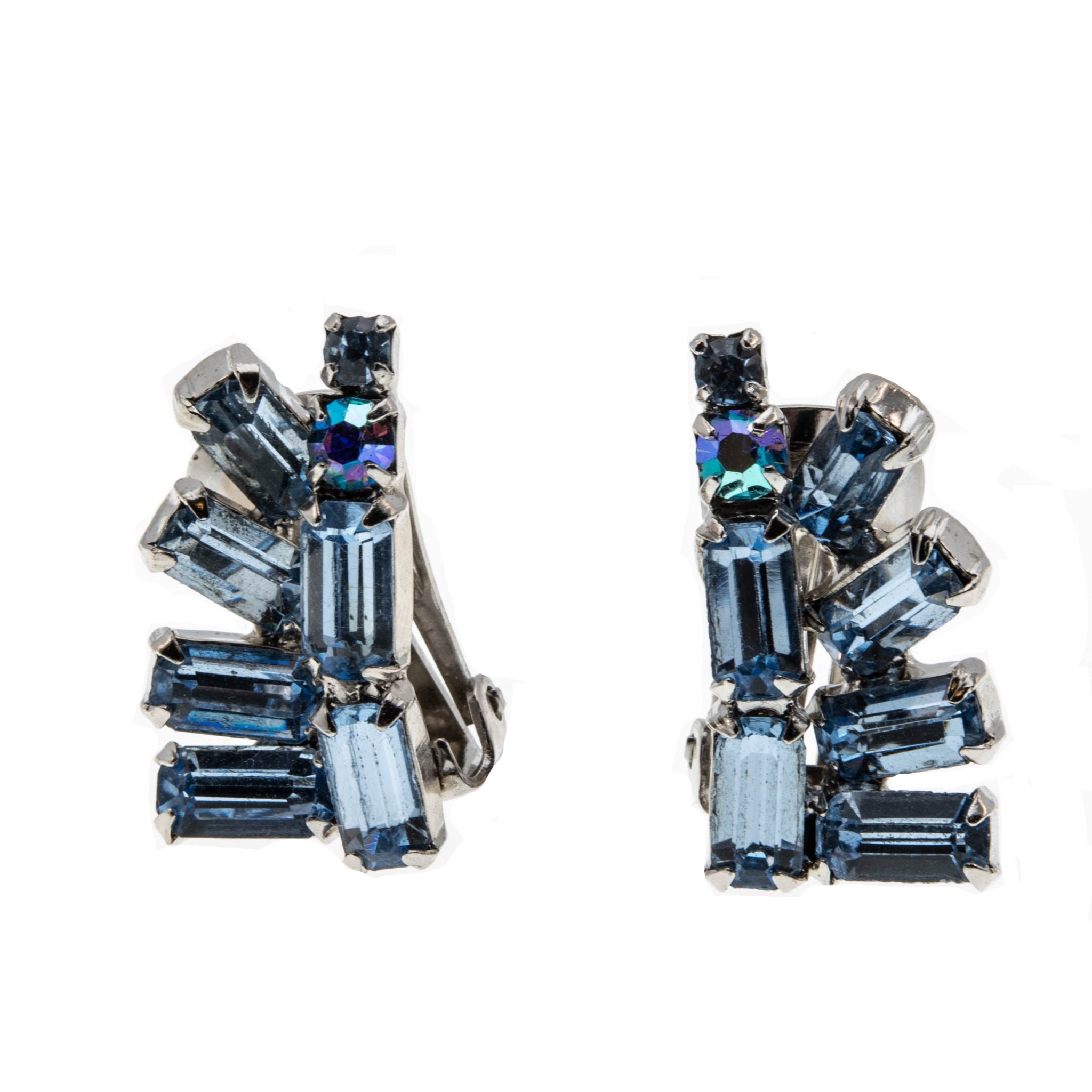 Rays Of Blue - Vintage Signed 'Continental' Rhodium Plated Austrian Swarovski Crystal Rhinestone Clip-On Earrings(VE352)