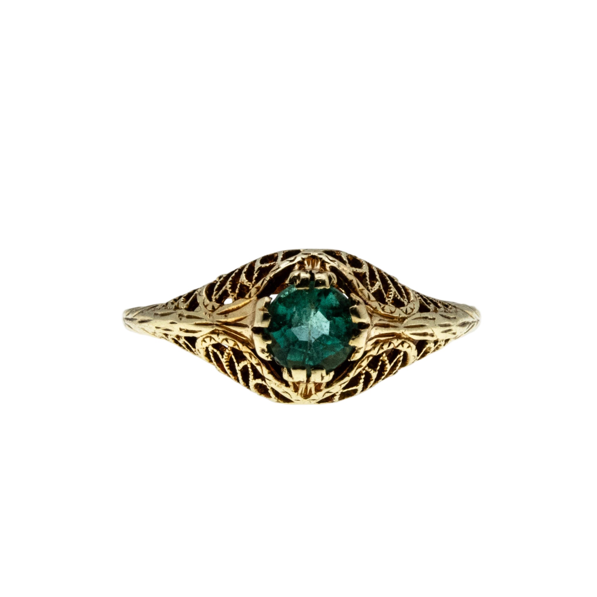 Antique Green - Edwardian 14K Gold Natural Emerald Filigree Ring (EDR088)