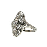 Downton Elegance - Edwardian 18K White Gold Natural 'Old Mine Cut' Diamond Filigree Shield Ring  (EDR089)