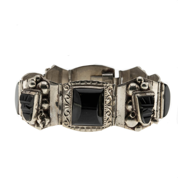 Tribal Adornment - Vintage Signed Alpaca Mexico Black Onyx Bracelet (VE355)