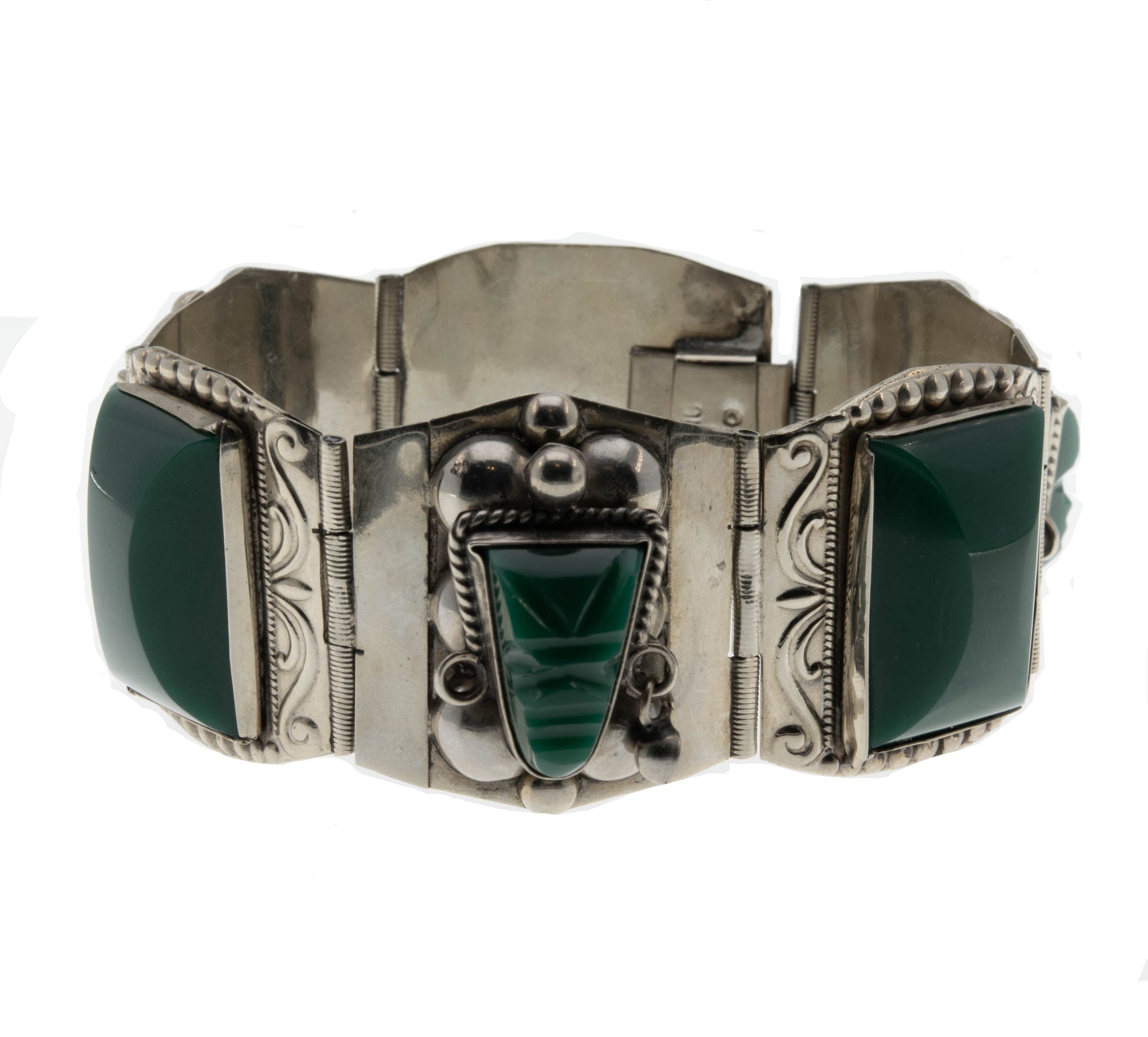 Taxco Adornment - Vintage Signed Taxco Sterling Silver Green Onyx Bracelet (VE356)
