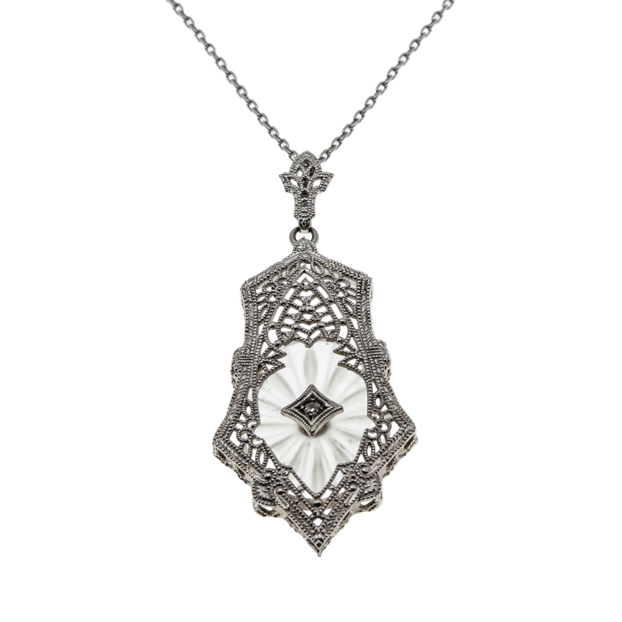 Signed' ESEMCO' - Art Deco 10K White Gold Natural Diamond & Carved Rock Crystal Quartz  Filigree Pendant (ADP023)