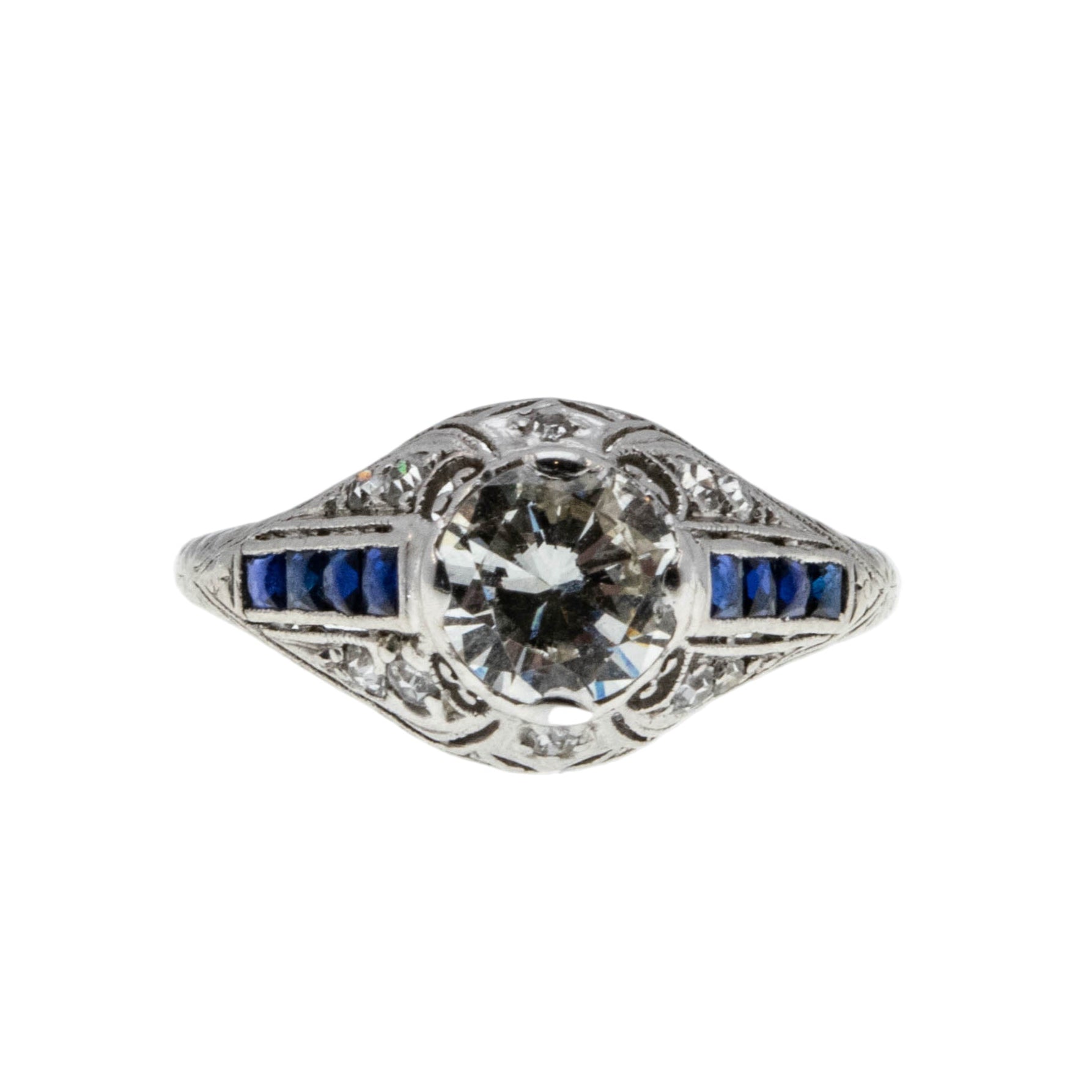Extraordinary Proposal - Art Deco 18K White Gold Natural Diamond & Sapphire Engagement Ring (ADR289)